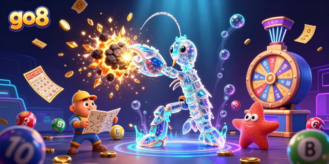go8 showcases a captivating scene of a galactic samurai shrimp battling asteroids, filled with vibrant lottery elements for thrilling gameplay