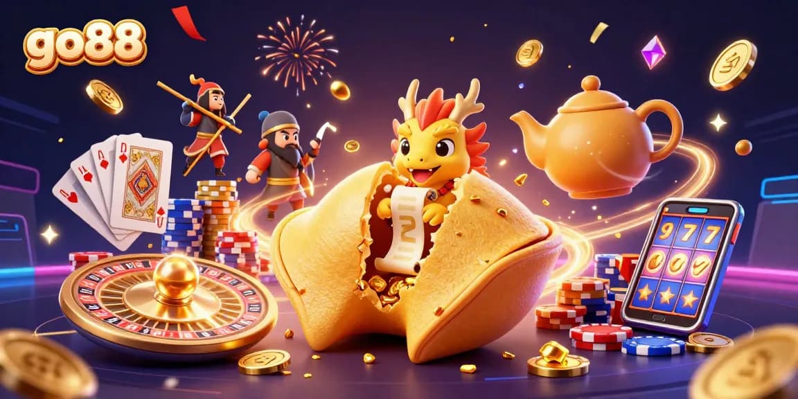 Experience go88's thrilling wins with a golden fortune cookie scene filled with games and excitement.