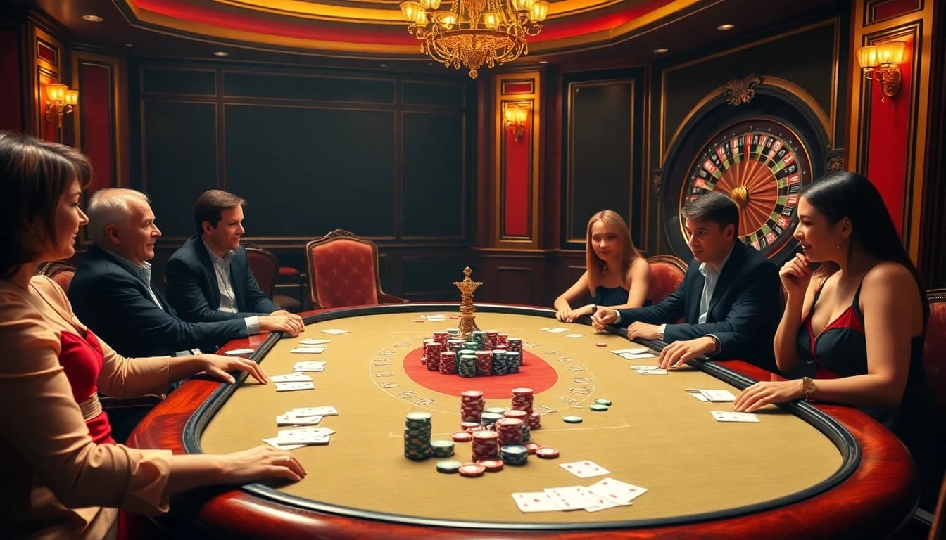 Intense poker night at vipwin with colorful chips and cards on an elegantly designed table.