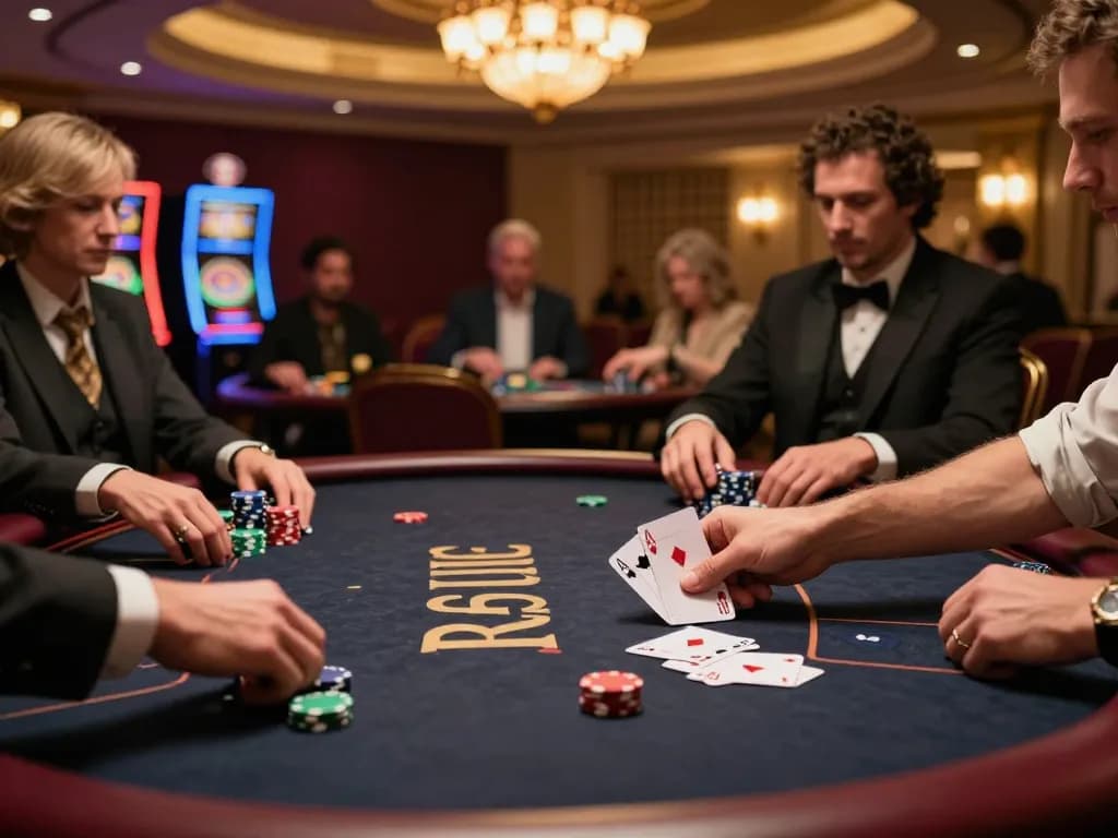 DA88 player celebrating at a poker table with winning hand, intense casino environment full of excitement