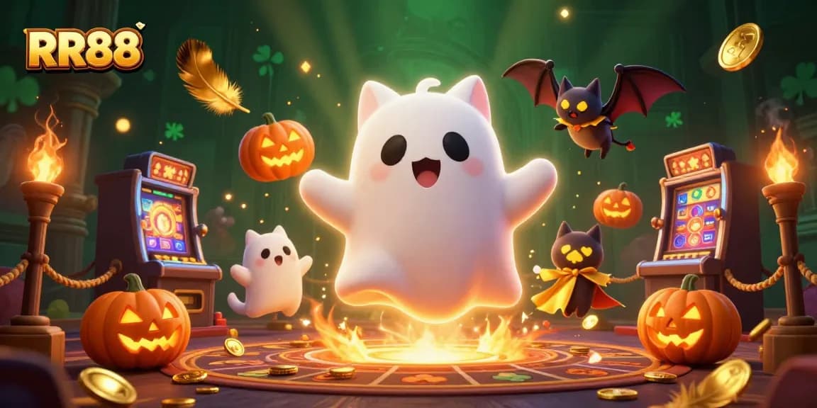 Experience thrilling adventures at RR88 casino featuring a ghostly character and vibrant casino elements.