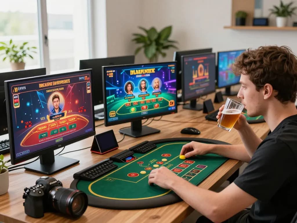 Player engaging in online gaming at home with 78wingo casino app visible on screens, showcasing strategic gambling