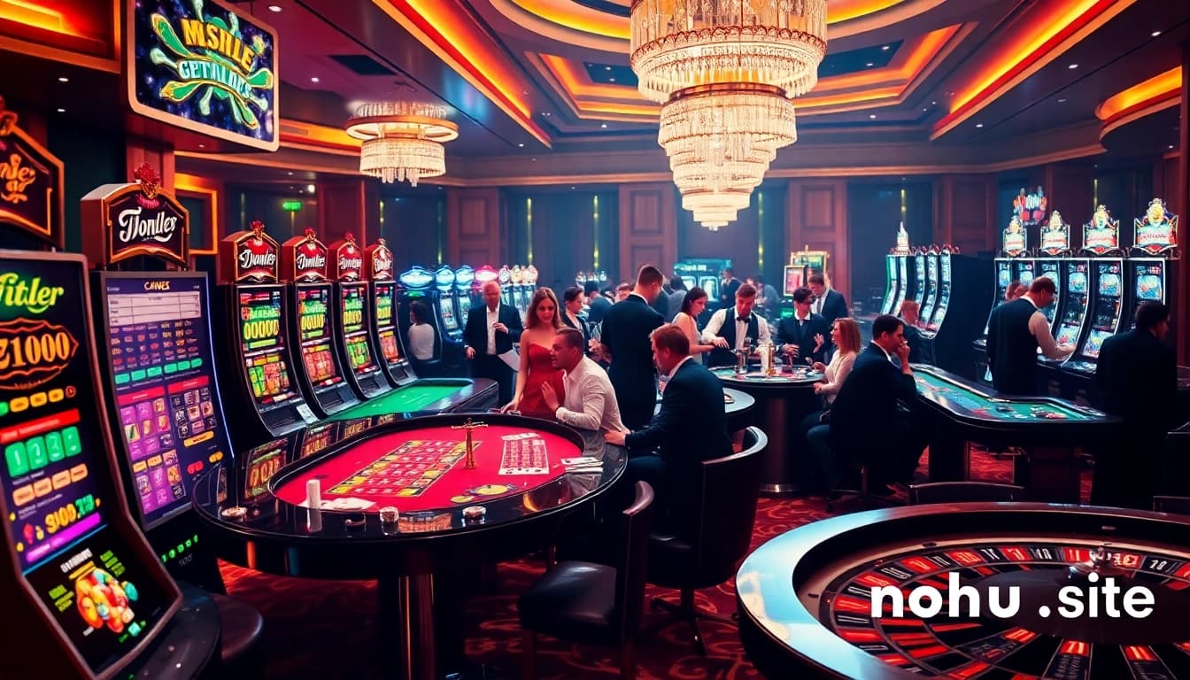 Engaging gamblers at https://nohuu.site/ within a luxurious casino atmosphere featuring slot machines and roulette tables.