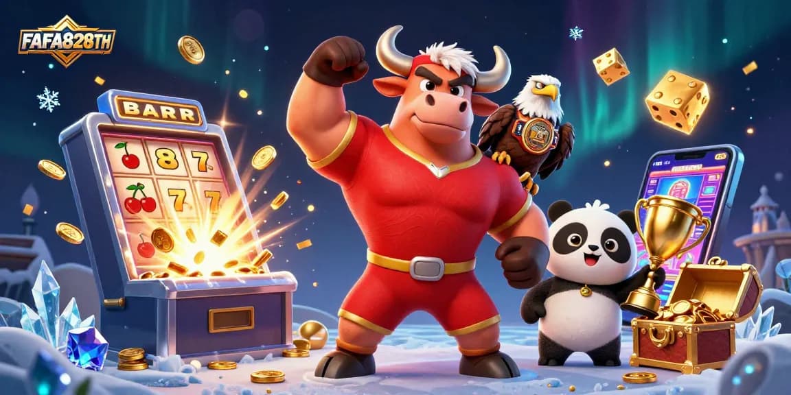 Win big with FAFA828TH, featuring a victorious bull mascot with luck symbols and epic casino elements.