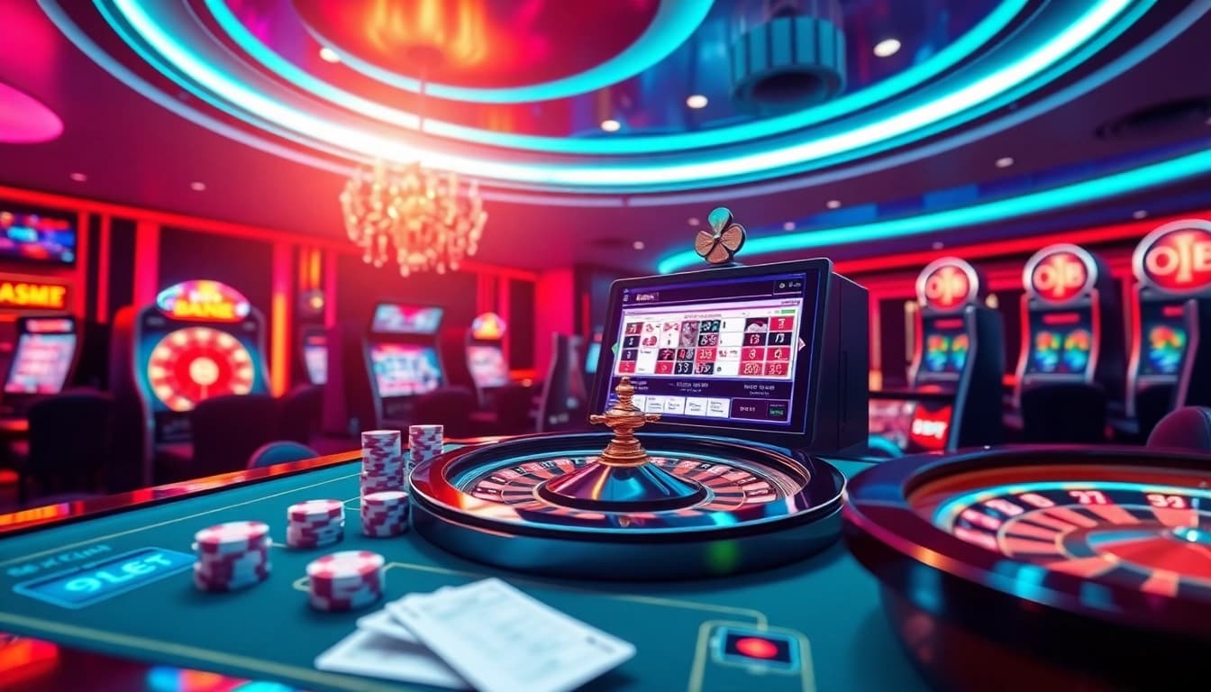 Engaging scene depicting the 9bet online casino experience with poker chips and roulette wheels.