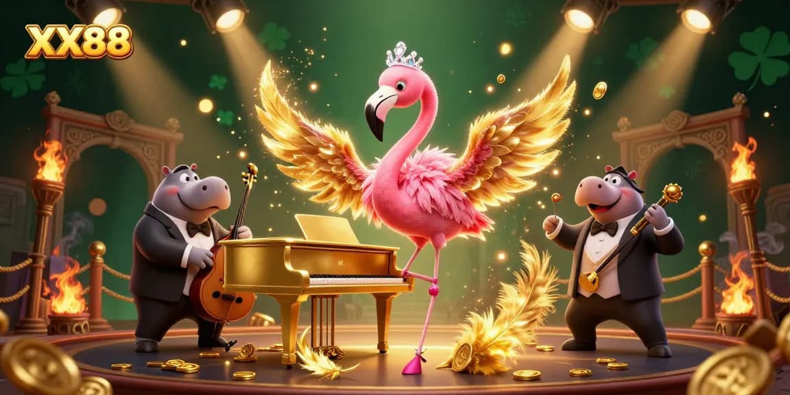 Engage in the vibrant world of XX88 with a lively casino scene featuring a flamingo singer and hippo bassist, surrounded by captivating visual elements.