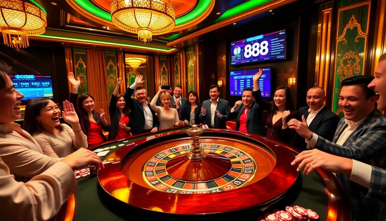 A vibrant gaming scene at 888b casino showcasing an exciting roulette table and lively players.
