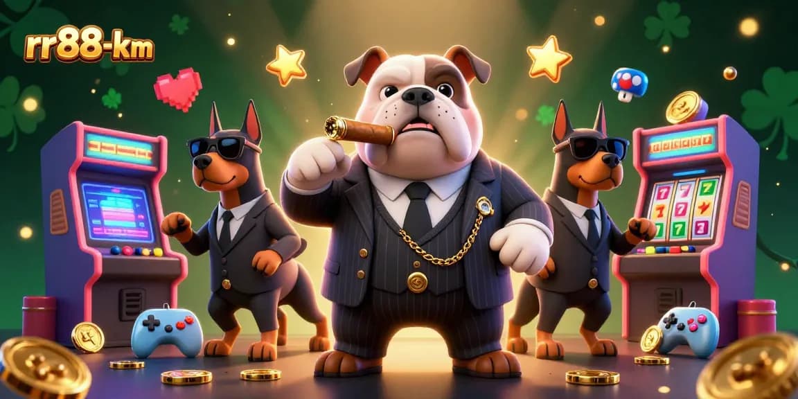 Play and win at rr88-km with a mafia boss bulldog in a casino-themed 3D illustration filled with gaming elements.