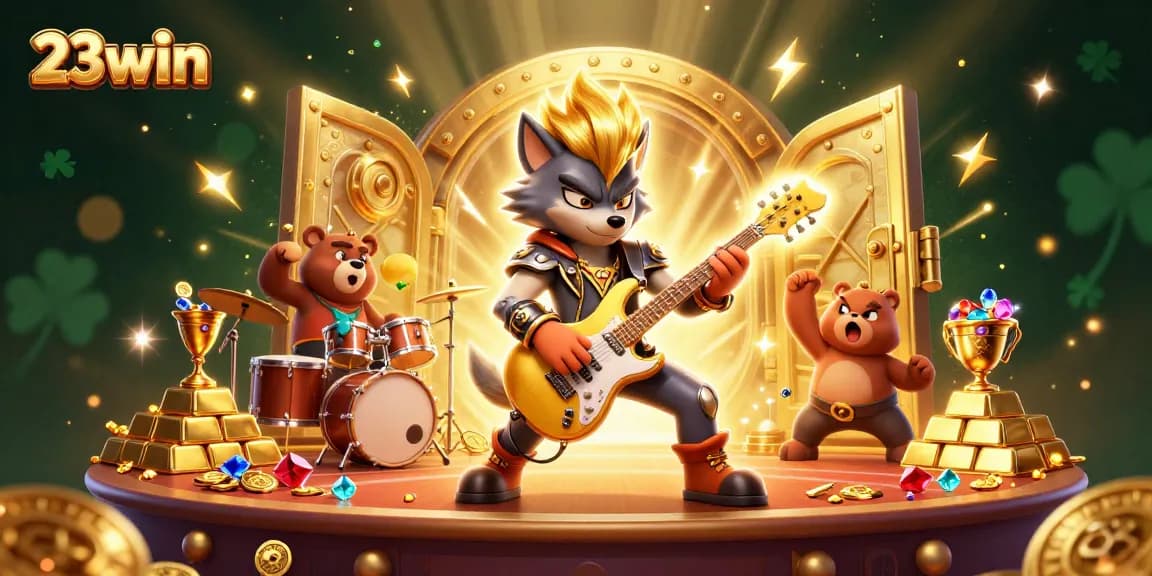 Experience exciting 23win adventures with a vibrant 3D illustration of a rock star wolf and drummer bear on a casino stage.