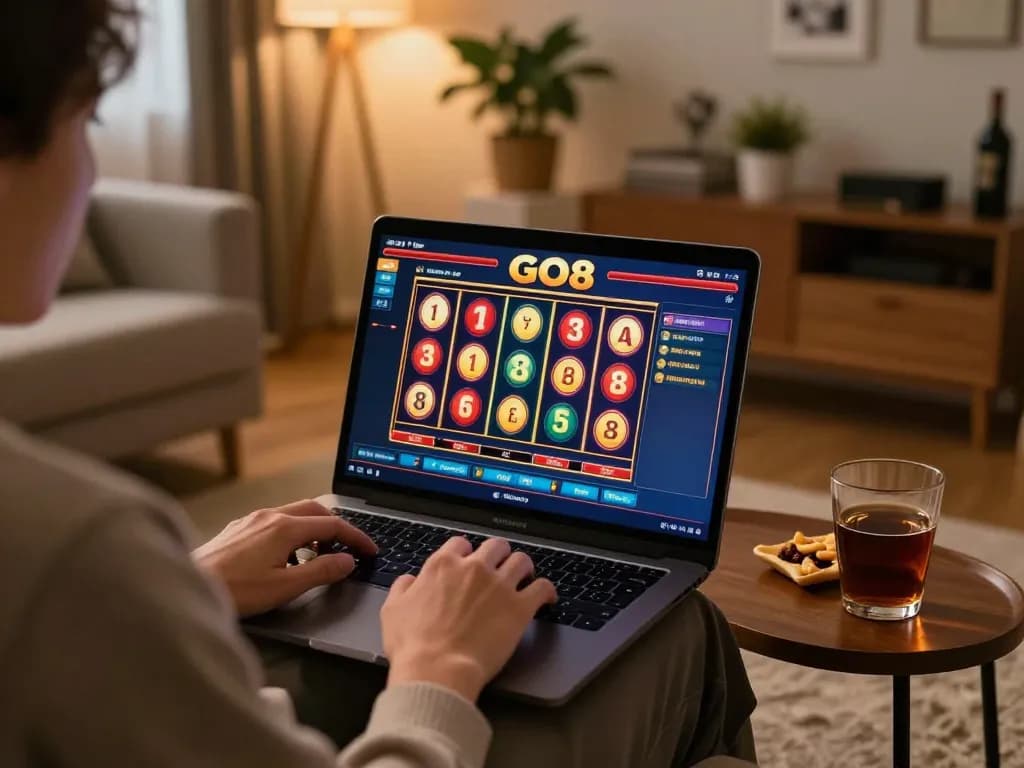 Player engaging with GO8 online slots interface in a cozy home setting with vibrant colors and inviting atmosphere