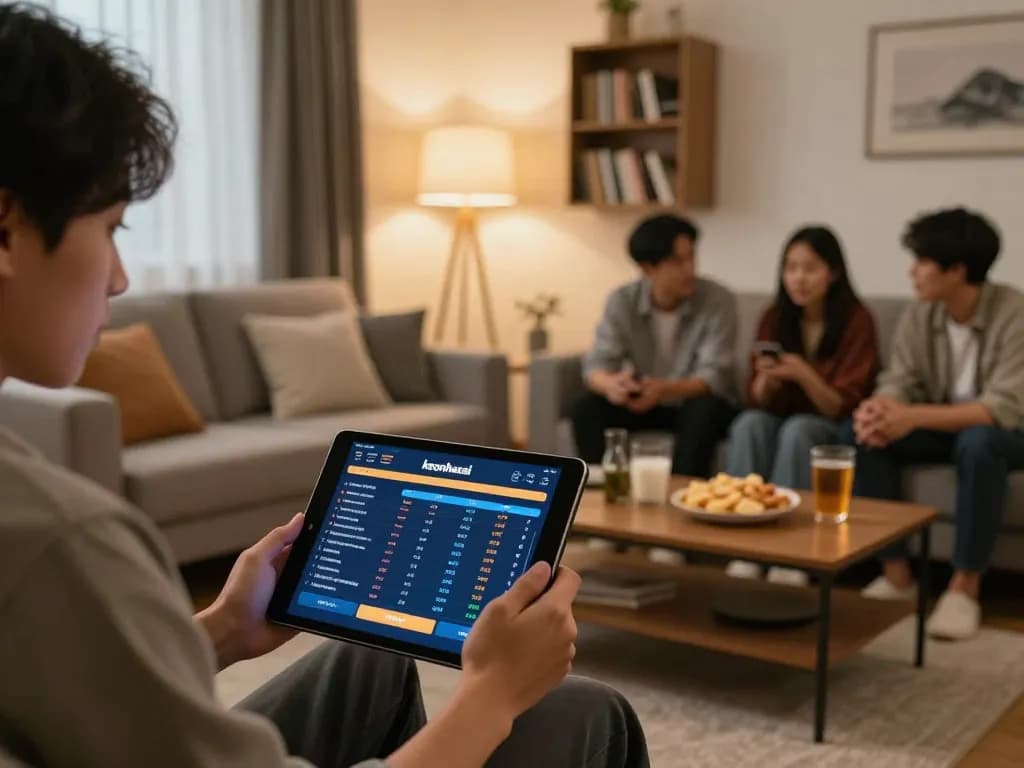 Person reviewing keonhacai sports odds on tablet in a cozy home setting.
