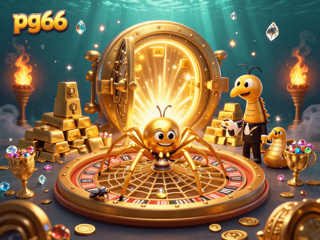 Experience the excitement of pg66 with cartoon characters in a dynamic casino scene full of riches.