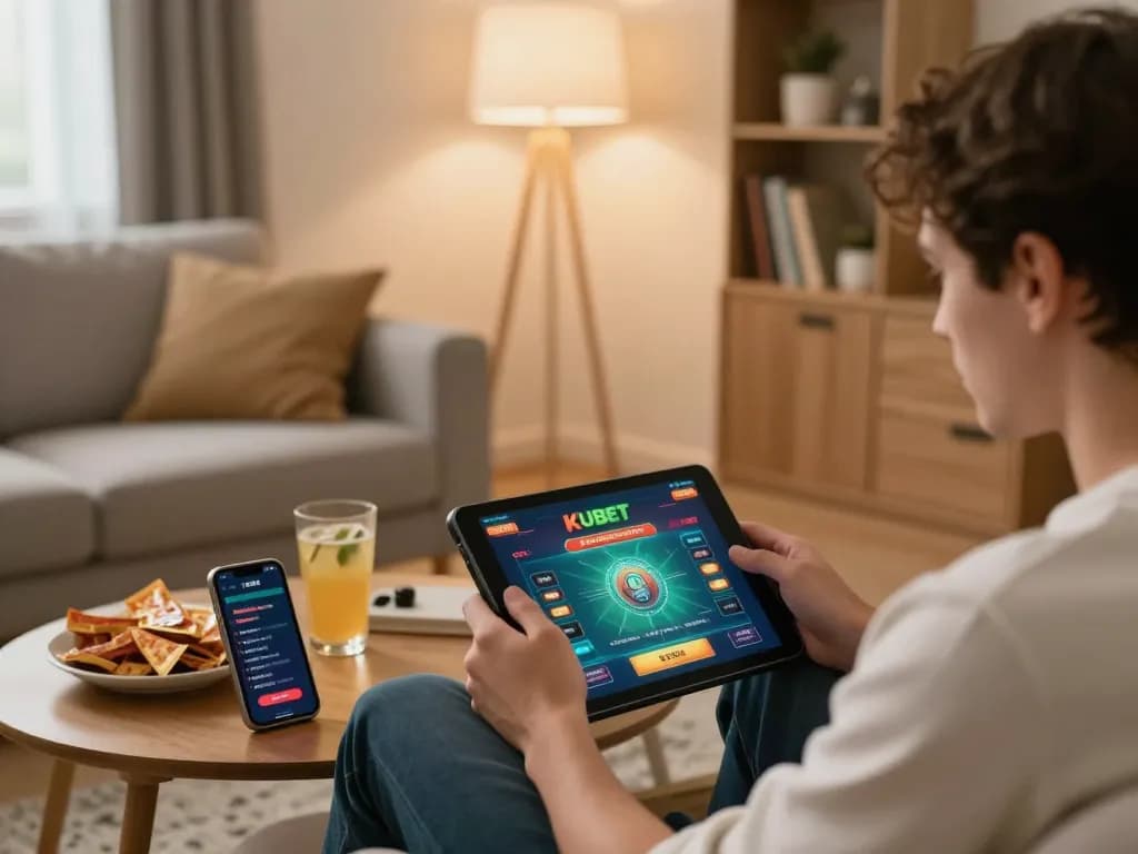 KUBET player actively engaging in online gameplay with tablet and smartphone in cozy home setting
