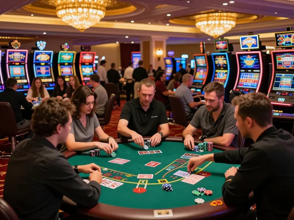 Experience the excitement at 78WIN with players engaged in intense blackjack gameplay under warm casino lights.