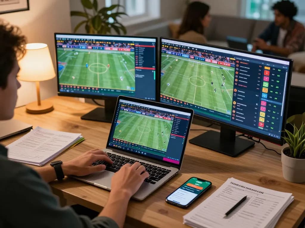 Person using fabet sports betting app at home desk while watching live events.