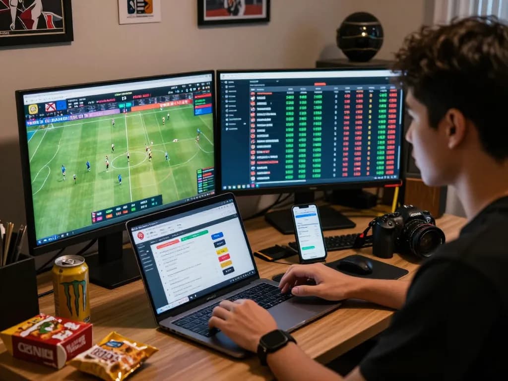 Excited bettor analyzing keo nha cai odds with dual monitors in lively home office.