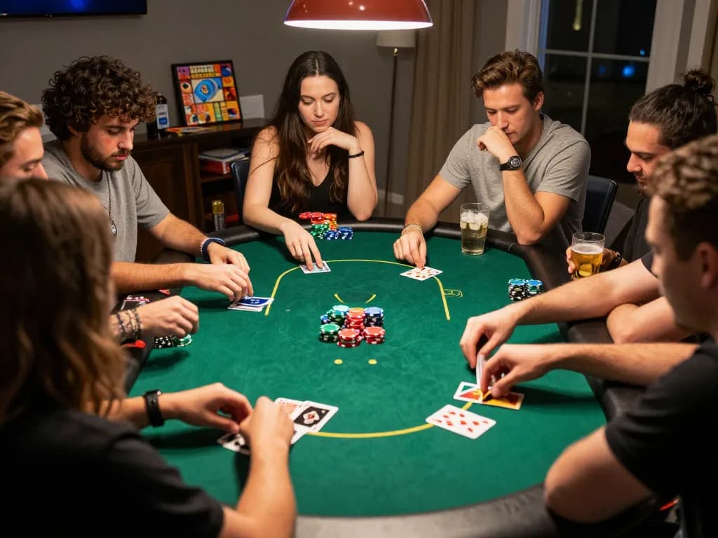 Friends enjoying a competitive Texas Hold'em game at home, showcasing the MM88 poker experience with vibrant chips and lively atmosphere.