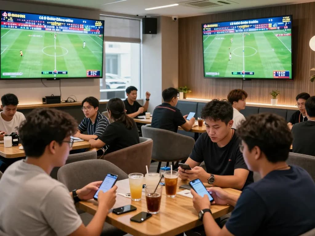 Cá Độ Bóng Đá Online action in a lively sports betting lounge with engaged bettors.