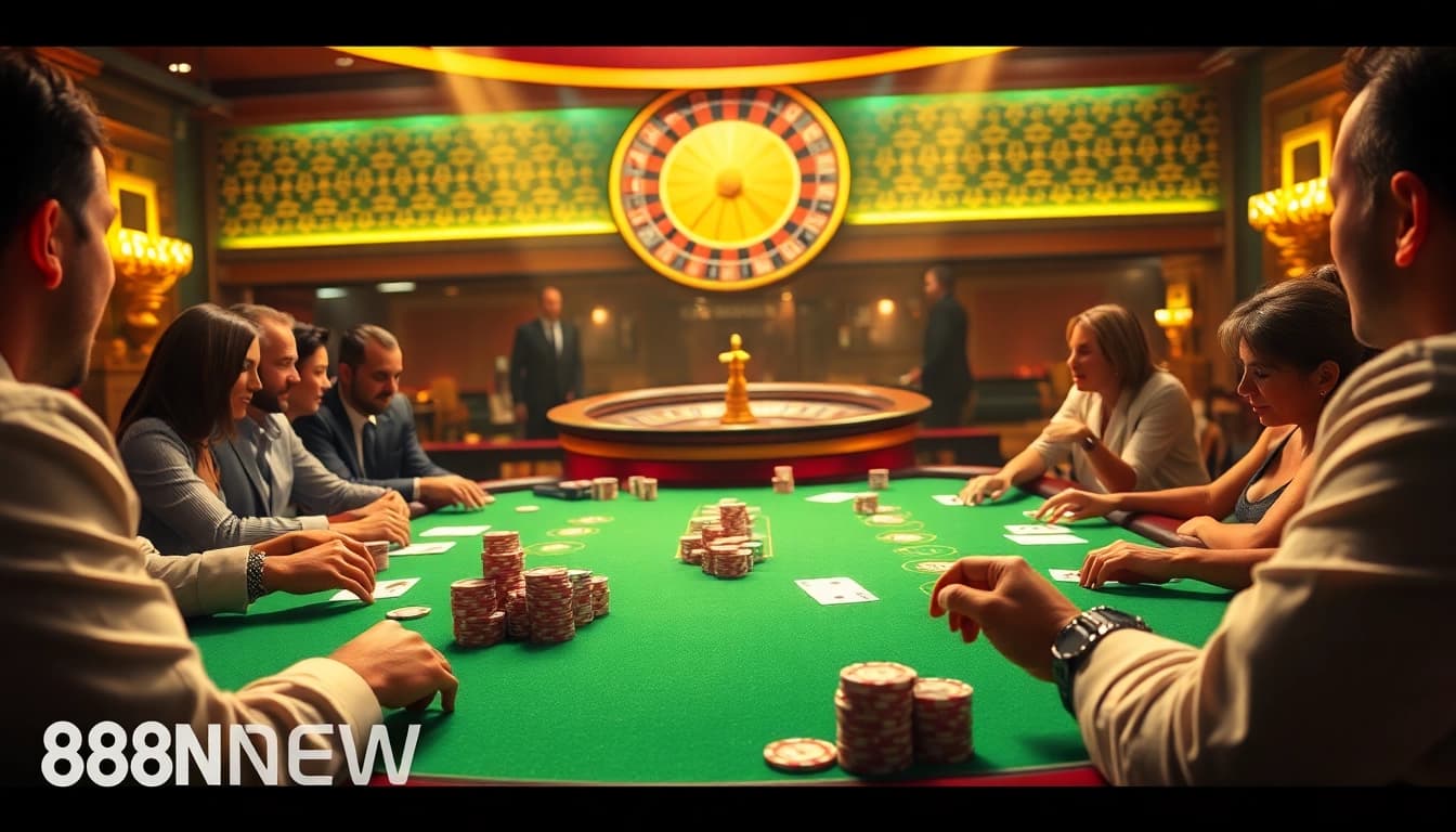 Players enjoy an exciting poker game at 888NEW, showcasing vibrant chips and dynamic gameplay.