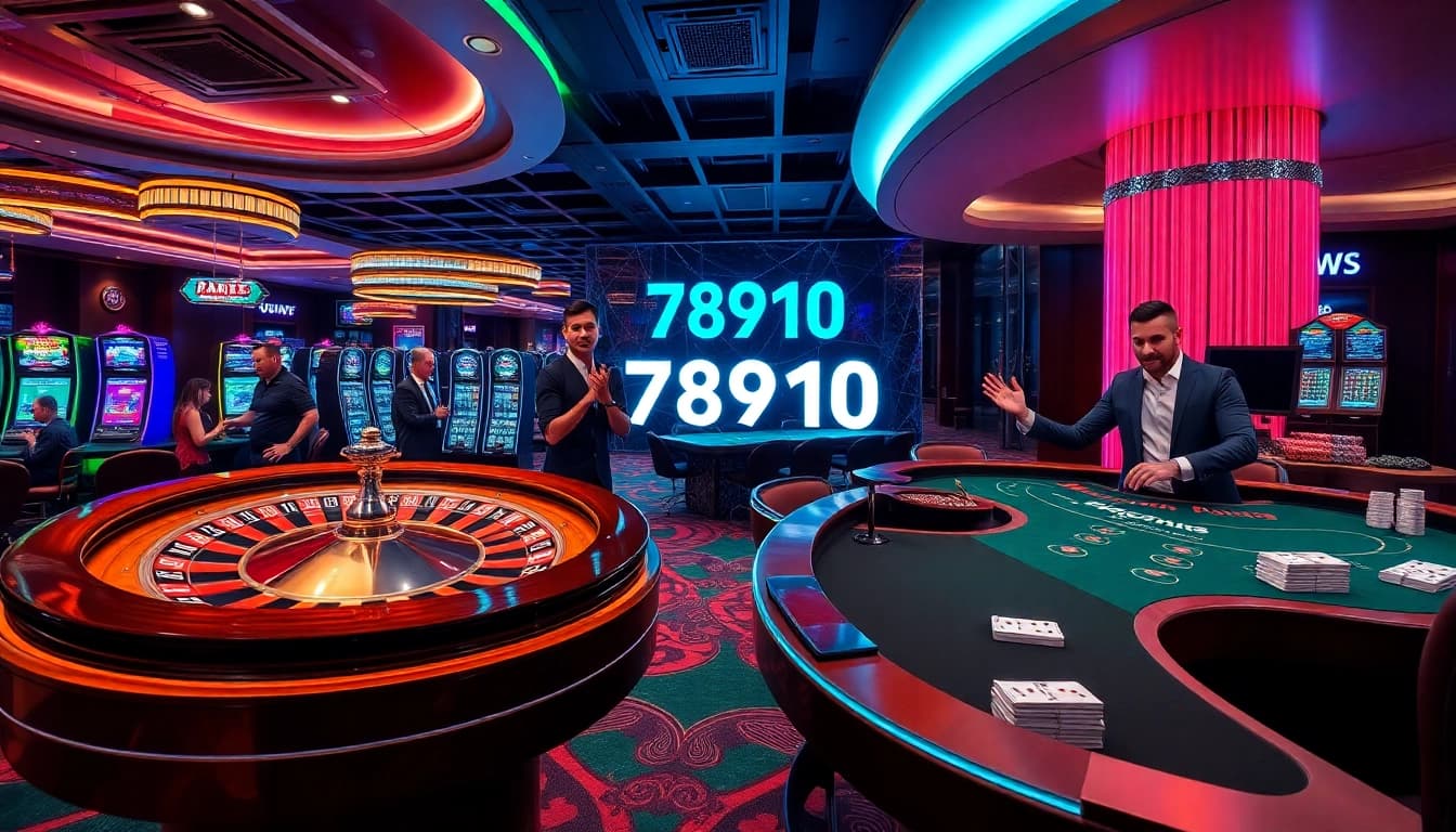 A lively casino scene showcasing excitement and professional gaming at 789f10, featuring roulette and blackjack tables.