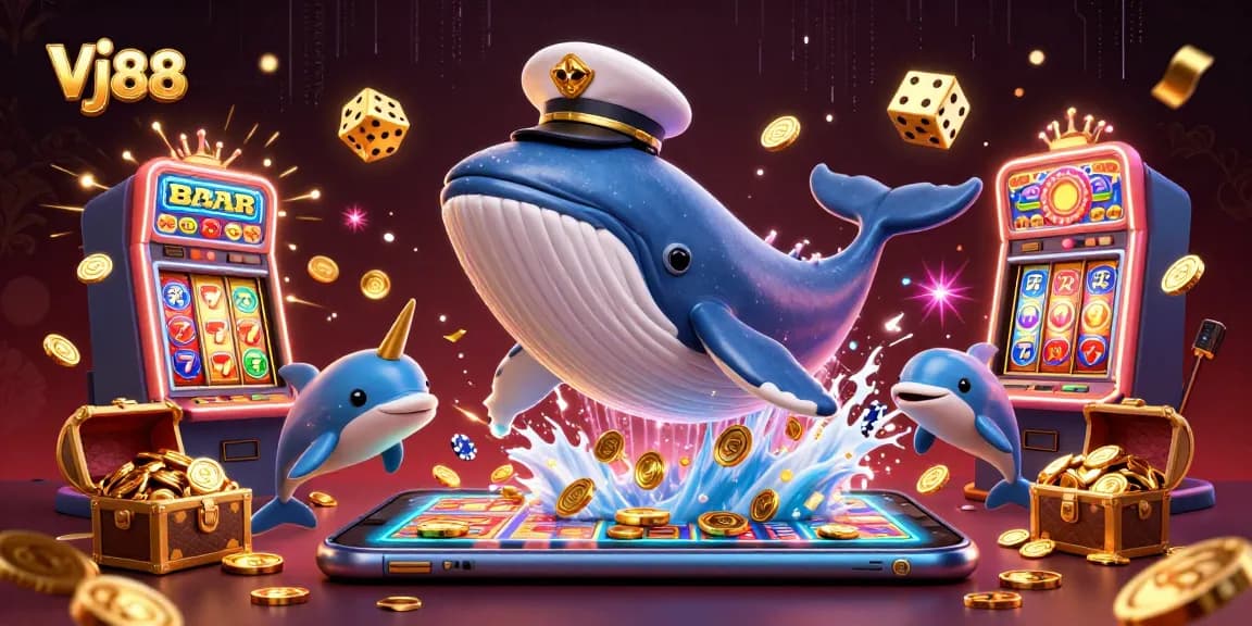 Vj88 offers thrilling gameplay with a 3D illustration of a whale breaching through a jackpot of coins.