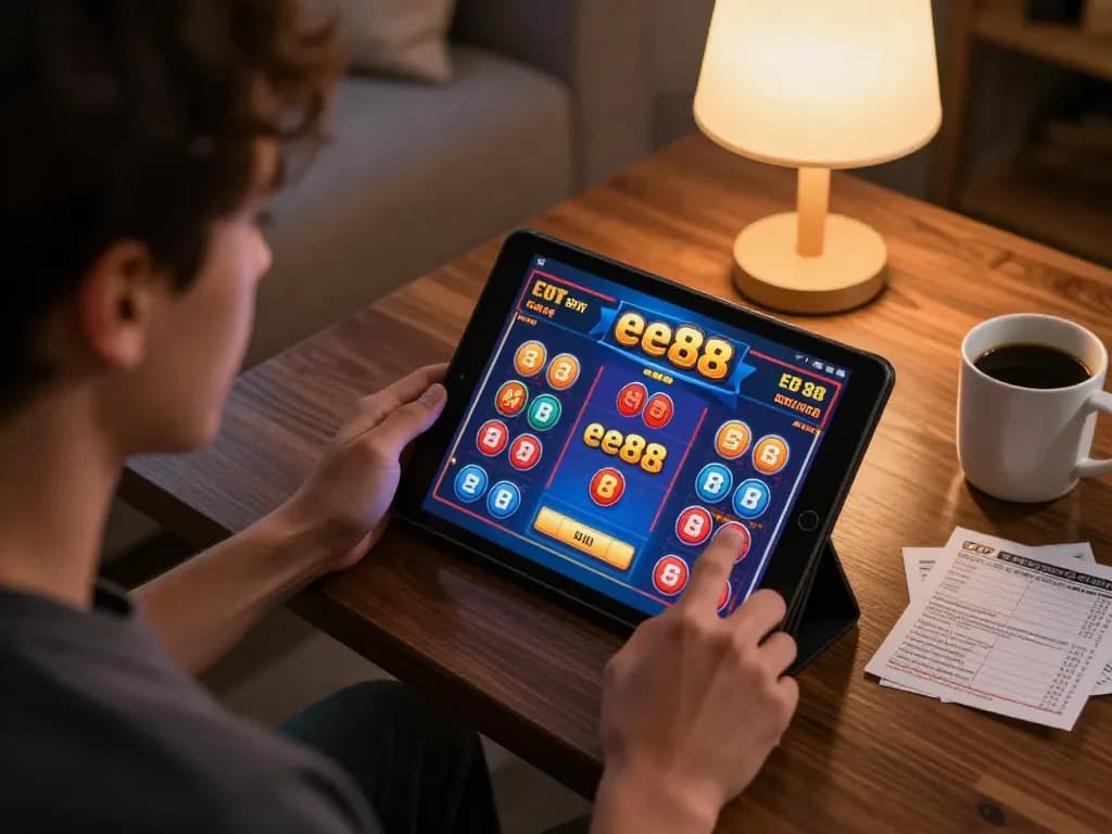 Player engaging with ee88 online gaming interface in a cozy home setting, depicting responsible gambling.