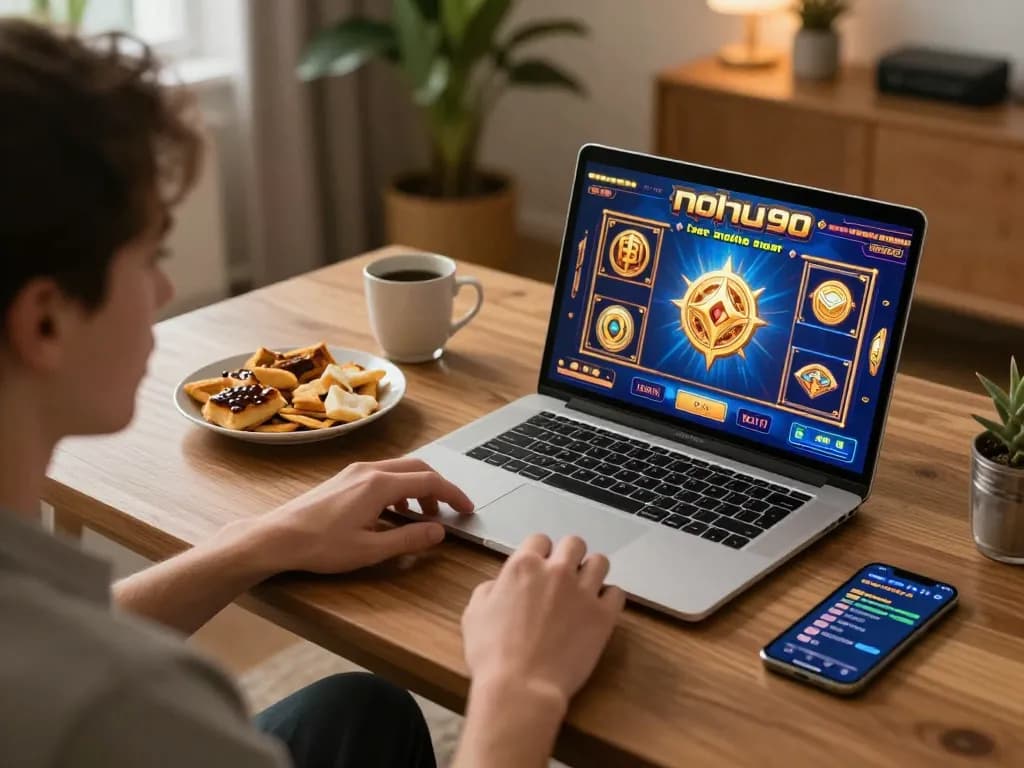 Player enjoying nohu90 slot game on laptop, depicting exciting online gambling atmosphere