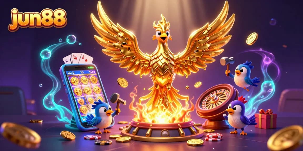Experience the excitement of jun88 online casino with this 3D illustration of games and golden rewards.