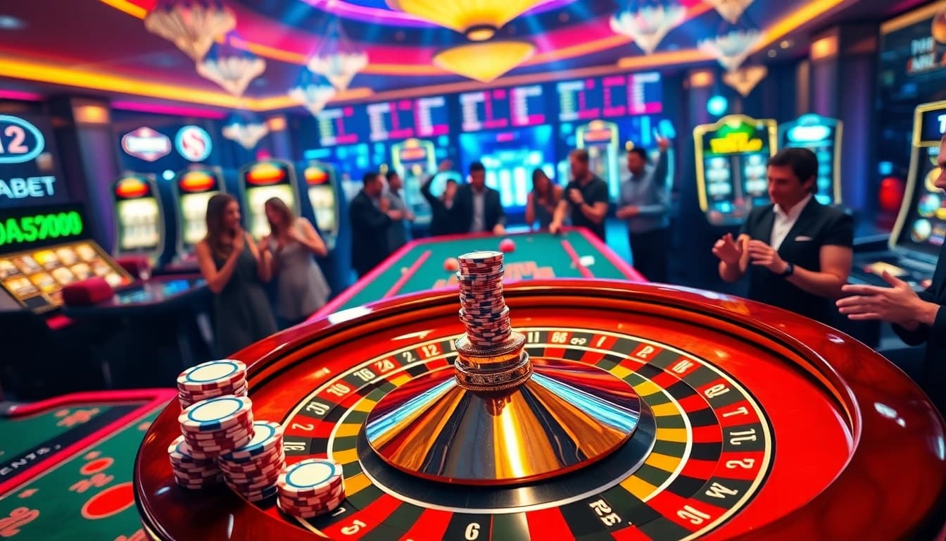 Engaged players at a thabet newba5 roulette table, showcasing vibrant casino excitement and luxury.