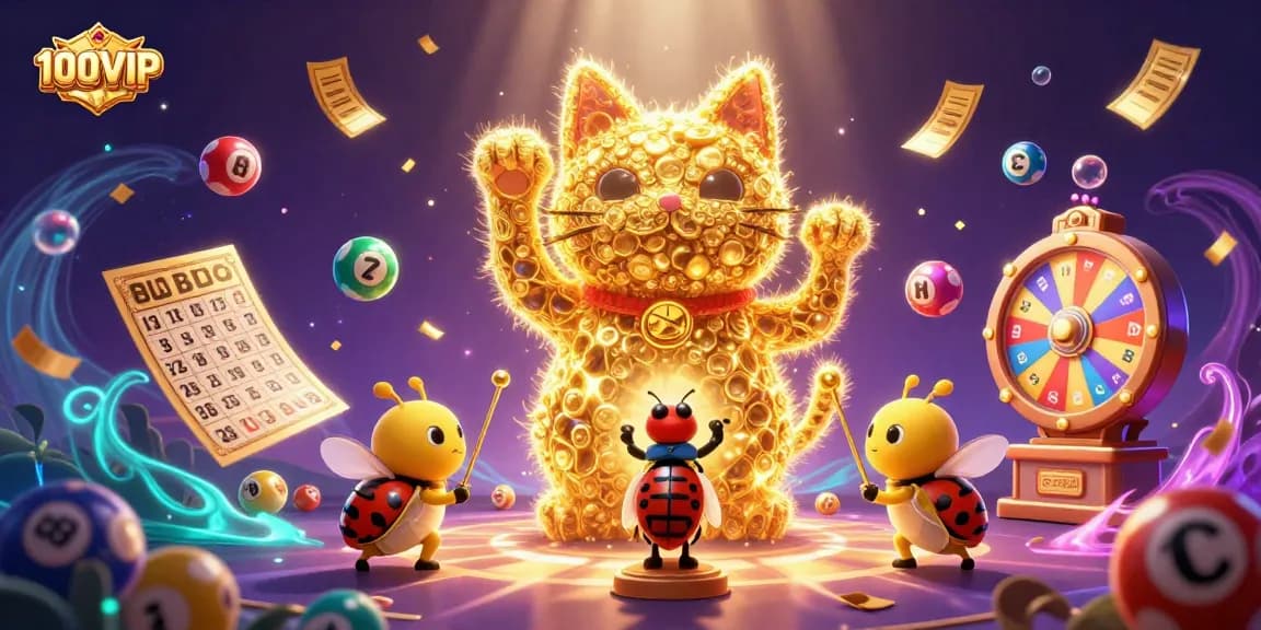 Join the thrill of winning at 100VIP with golden lucky symbols and vibrant lottery elements.