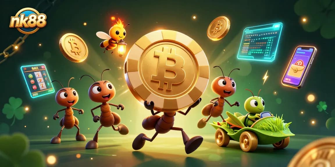 Experience the thrill of nk88 with 3D ants in a casino heist, surrounded by vibrant slots and neon coins.