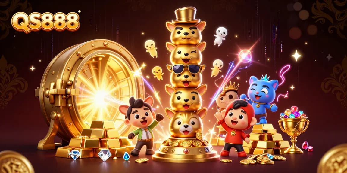 Engage with QS888's thrilling gaming experience featuring a vibrant 3D cartoon totem pole of animal faces and treasure.