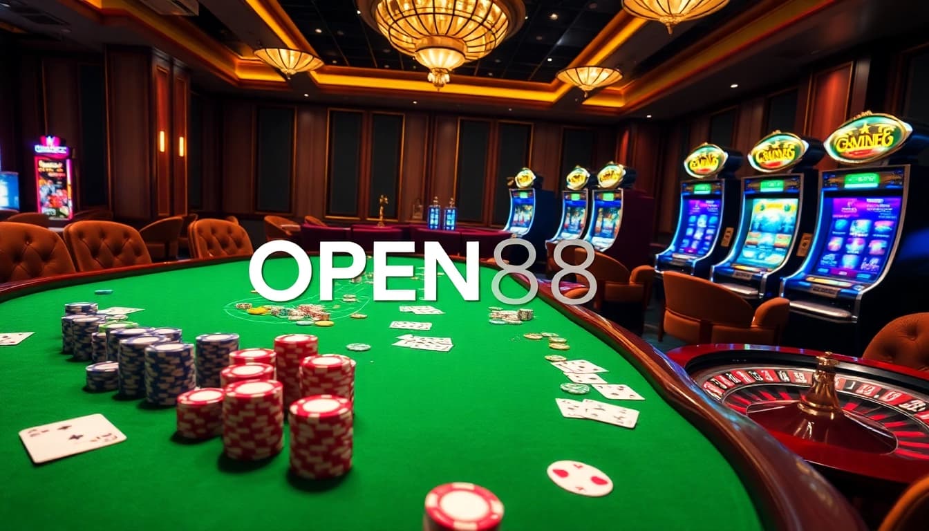 Experience the thrill of gaming at OPEN88 with vibrant casino tables and slot machines.