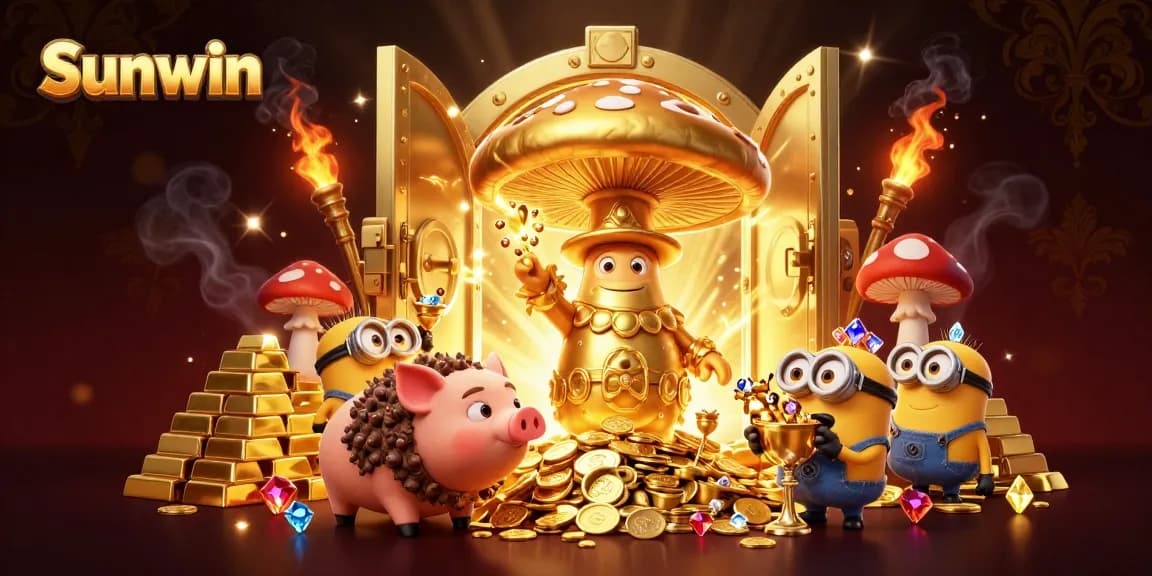 Experience gaming excitement at Sunwin with magical figures amidst treasure and sparkling gems.