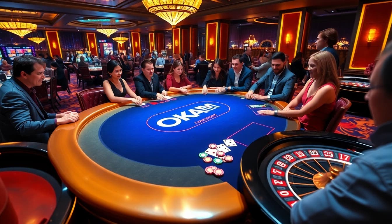 Players enjoying blackjack at an elegant casino table with OKATM branding, showcasing excitement and strategy.
