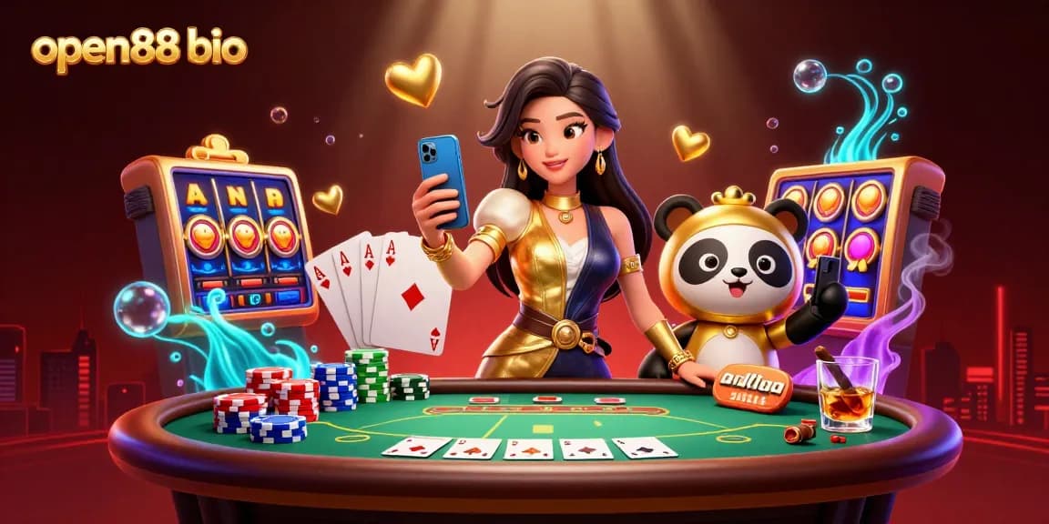 Win big with open88 bio at this vibrant casino scene featuring dynamic slot game elements.