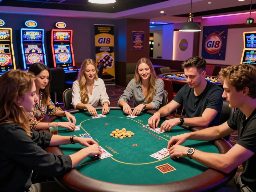 Excited friends playing at GI8 casino, engaging with slots and poker in a vibrant lounge.