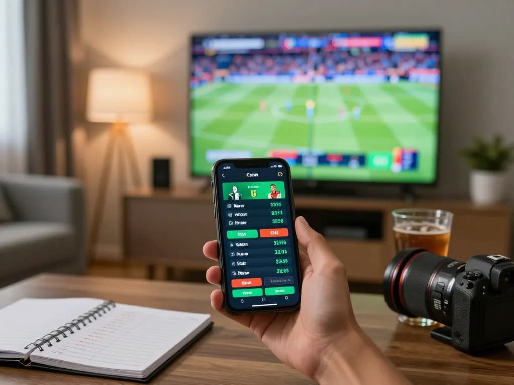 Engaging sports betting setup featuring sc88bn app on smartphone with live odds in cozy home context