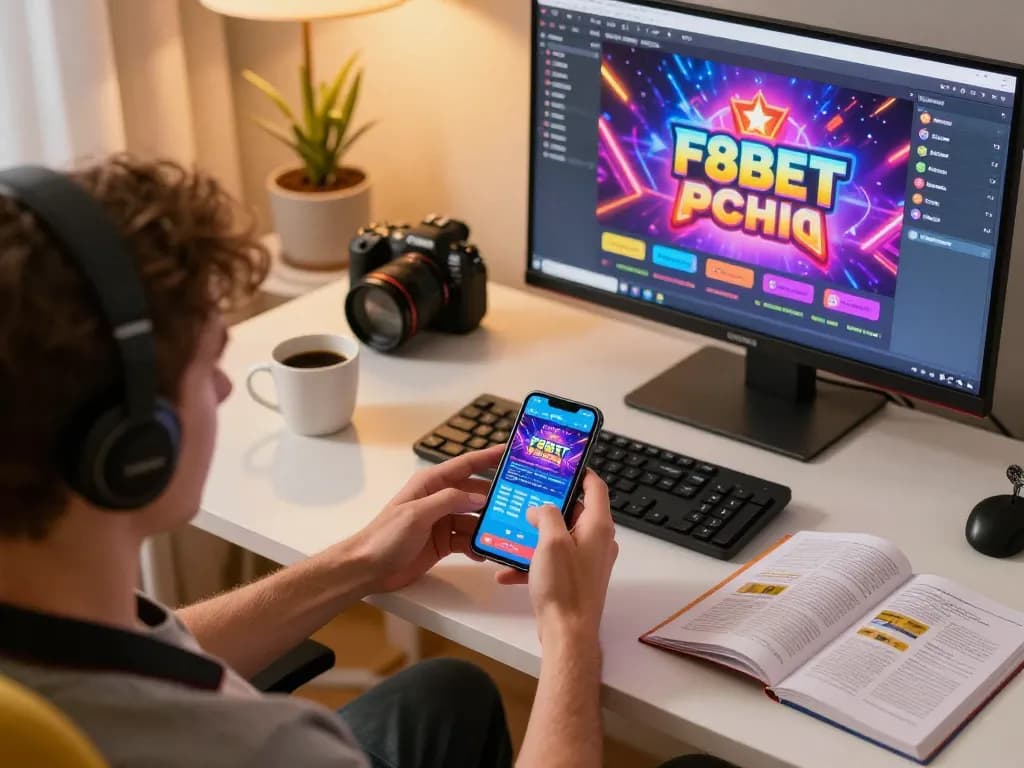 Player enjoying F8BET mobile gaming experience in a cozy home setup, highlighting strategic play.