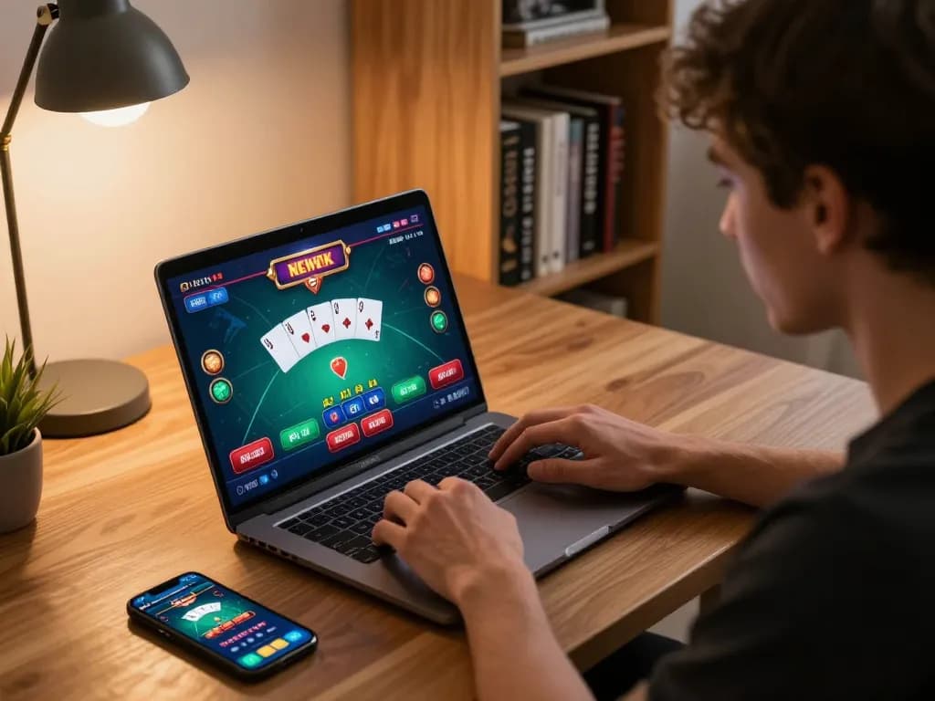 Playing online poker at home on uu88, showcasing a laptop and casino app with strategy notes.
