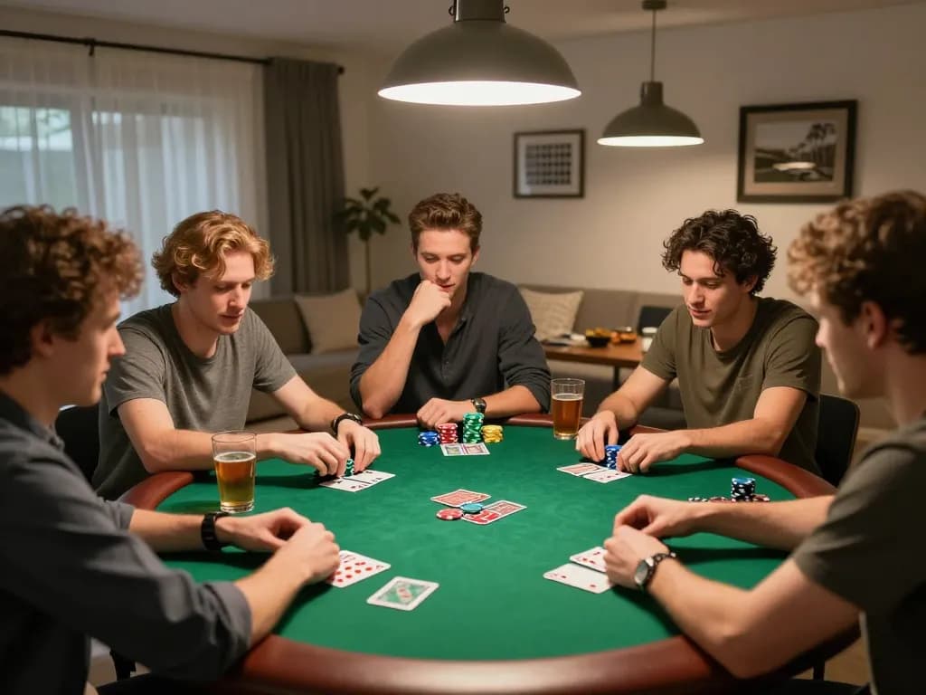 Friends enjoying a poker night at home with RR99 branding visible on cards and chips.