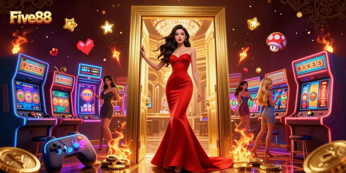 Experience the excitement of Five88 in this vibrant casino scene filled with dynamic gaming elements.