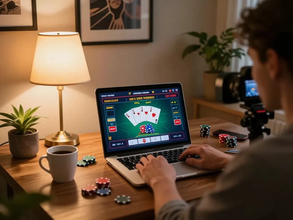 Player engaging with online poker at 888top, showcasing a cozy home gaming setup.