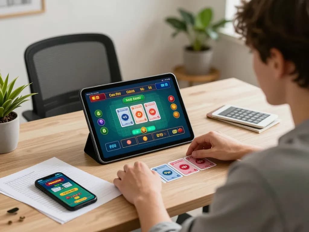 Engaging with kkwin trang chủ during online gaming, showing strategic betting setup with tablet and notes.