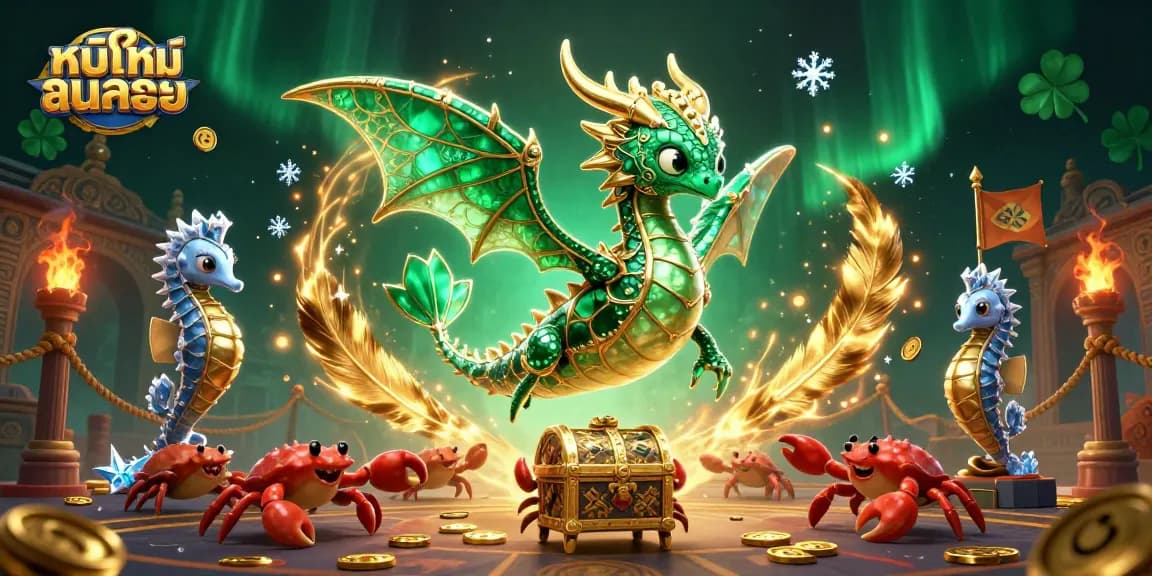 Engage with หนังใหม่ชนโรง in this vibrant casino-themed 3D scene, highlighting a majestic sea dragon.