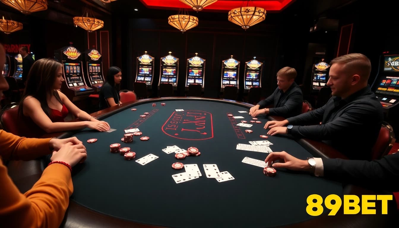 Experience the excitement of 89BET with a luxurious poker table setting and players in action.