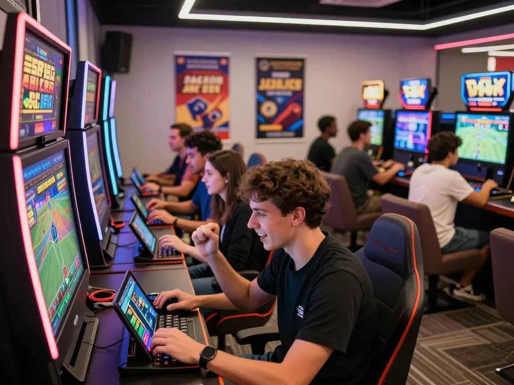 Exciting online gaming atmosphere at https://okwin68.net/ with diverse players celebrating wins amid modern gaming lounge.
