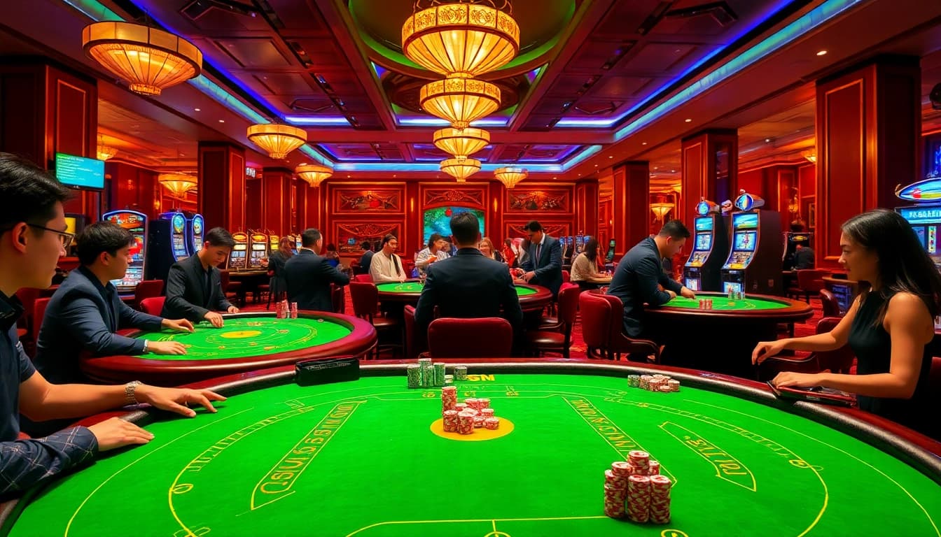 Tài Xỉu MD5 gaming scene showing players engaged in a lively game at a luxurious casino table.