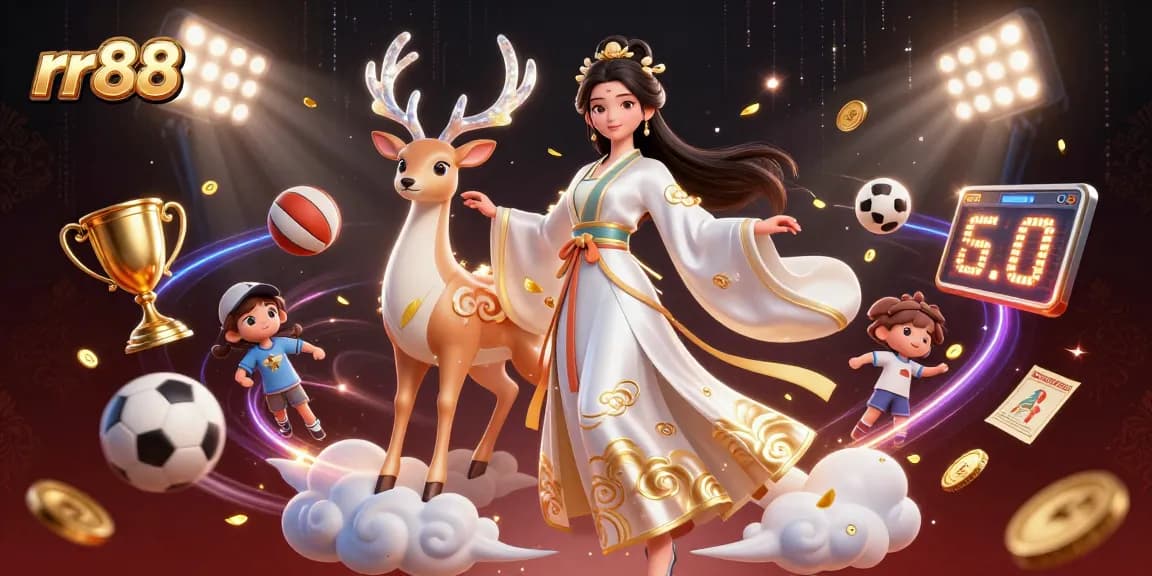 Experience thrilling sports betting at rr88 with an energetic scene featuring a floating Asian woman and dynamic sports elements.