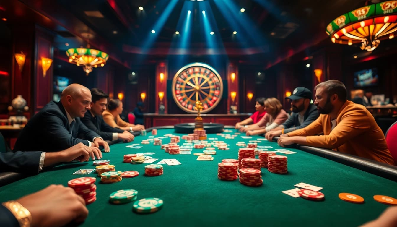Experience the thrill of typhu88 at a luxurious poker table filled with chips and engaged players.